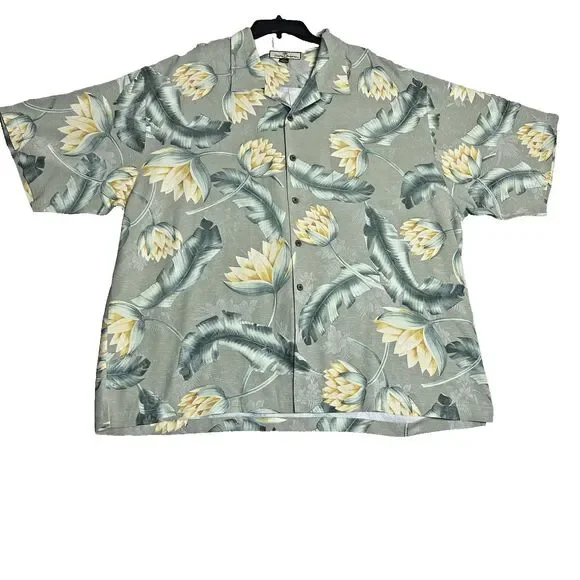 Tommy Bahama Mens XXL Silk Shirt Gray Floral Banana Leaf Aloha Camp Relaxed Fit - Picture 1 of 10